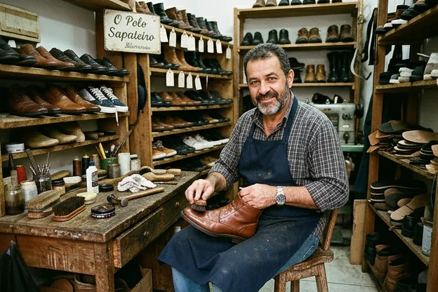 Um sapateiro cuidando de calçados em Blumenau.