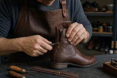Um sapateiro realizando o conserto de um zíper de bota em Blumenau.