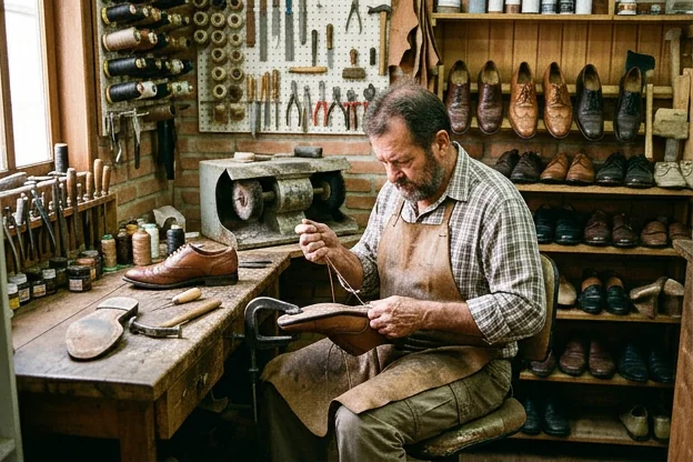 Um sapateiro reformando sapatos sociais em Blumenau.